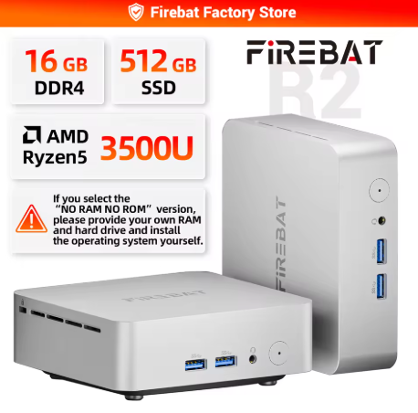 FIREBAT R2 迷你电脑，搭载 AMD Ryzen 5 3500U 处理器（性能超越 N150/N97），配备 16GB 内存和 512GB 固态硬盘，支持 WiFi 5 和蓝牙 5.2，并配备双 4K 显示屏