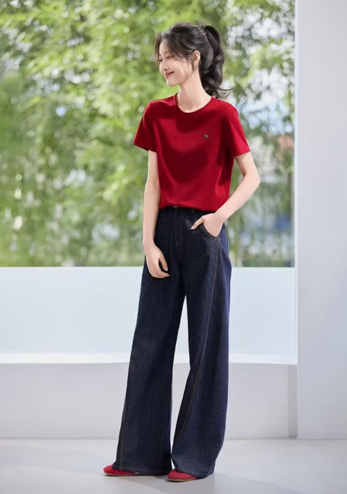 塔驰密司（touchmiss）2026年夏季新款潮流休闲圆领刺绣小马图案短袖女气质T恤 红色 S